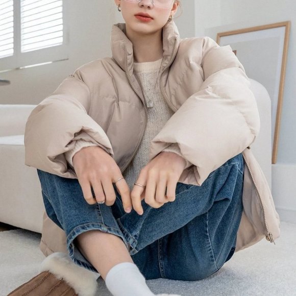 beige Zip up Drawstring Hem Flap Pocket Puffer Coat Comfy fall winter - Picture 4 of 8